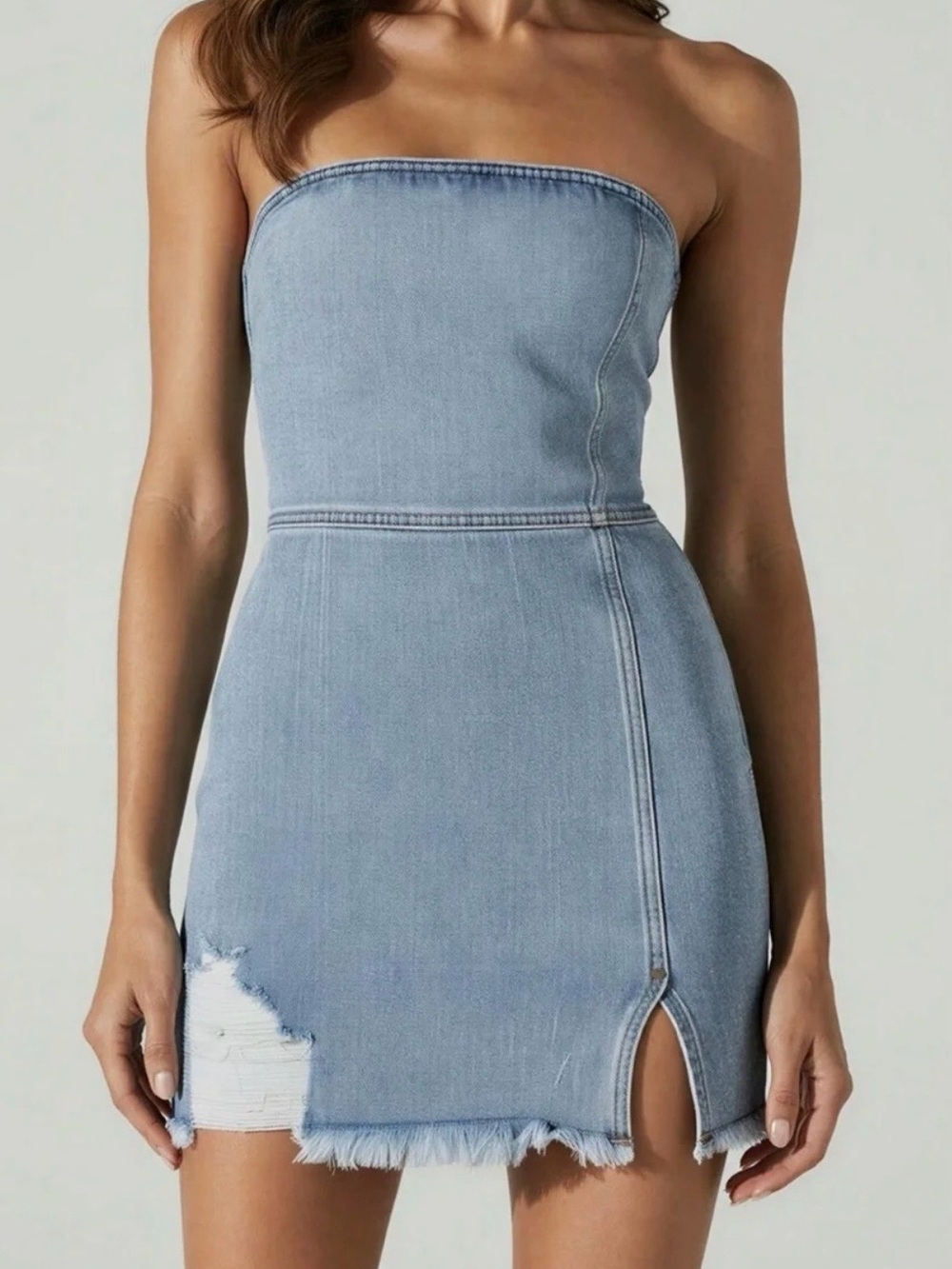 SER.O.YA Leighton Light Blue Strapless Denim Mini Dress